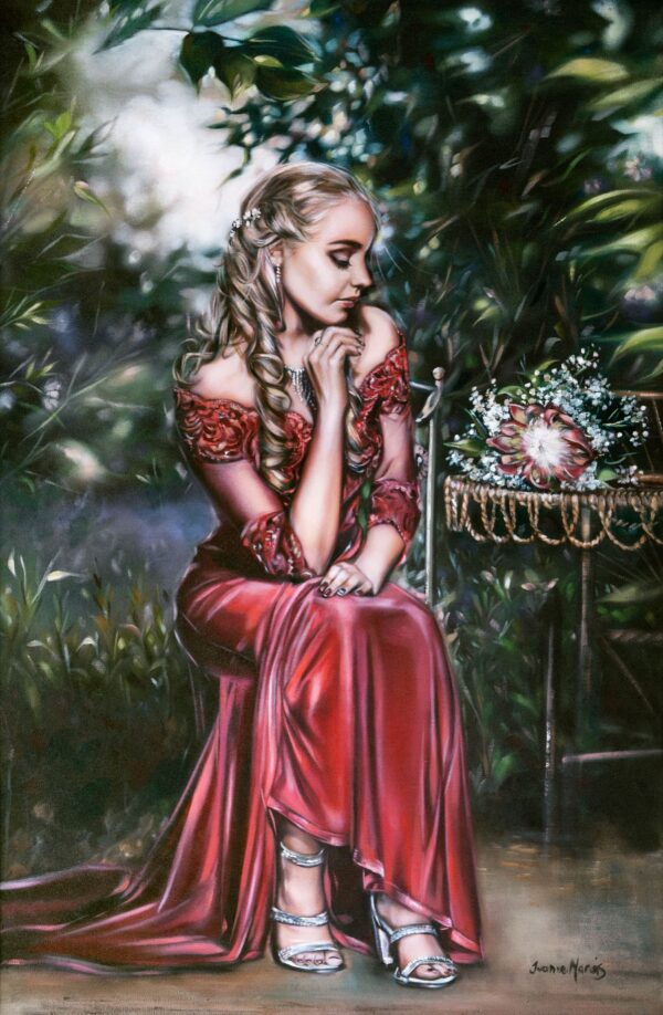 Cheyenne - Giclée print of oil painting of a woman in a flowing red dress sitting pensively in a lush garden. Her hair is braided, and a small table with a floral arrangement is nearby. The mood is serene