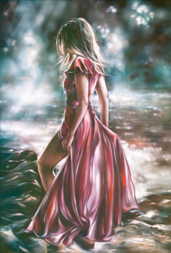 Cloudy Elation - Giclée print of oil painting of a woman in a flowing pink dress standing by shimmering water under dappled sunlight. Her posture is contemplative, creating a serene and dreamy atmosphere