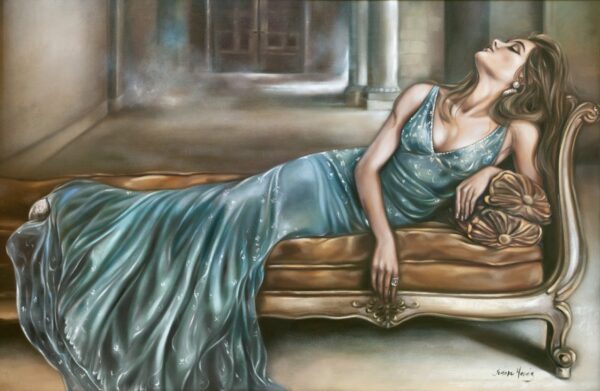Confidence - Giclée print of oil painting of a woman in a shimmering turquoise gown reclining gracefully on a vintage chaise lounge, set in an elegant, softly-lit room, exuding a serene and luxurious vibe