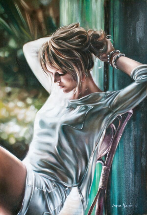 Cool Sunlight - Giclée print of oil painting of a woman in a silvery dress sitting relaxed on a chair with her eyes closed, arms lifted, and hair tied up. She is bathed in soft light, conveying tranquility and introspection