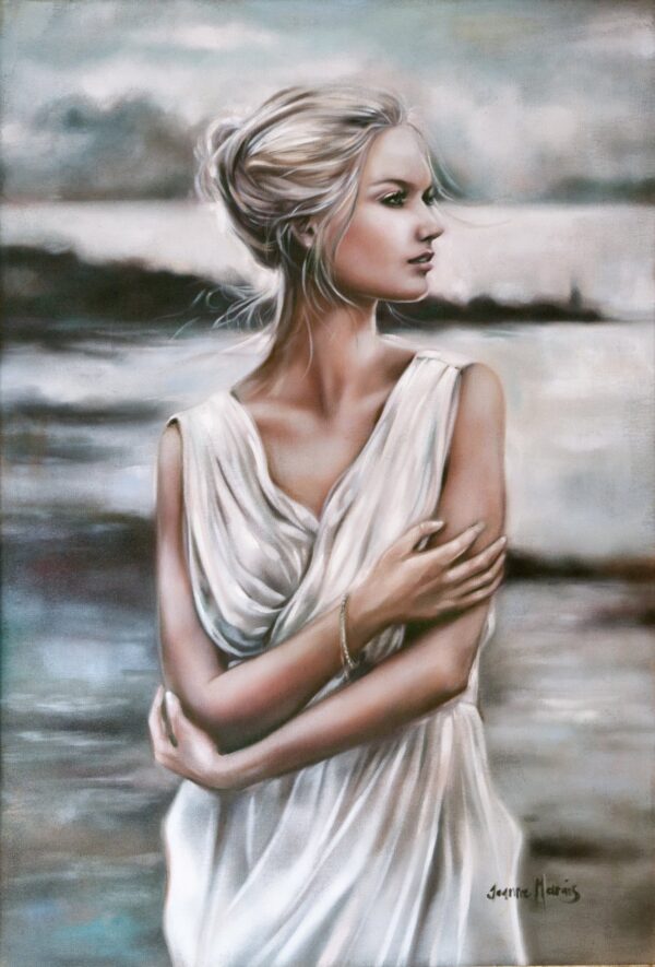Cozy forecast - Giclée print of oil painting of a serene woman in a white draped dress standing by a blurred seascape, arms crossed gently, evoking tranquility and introspection