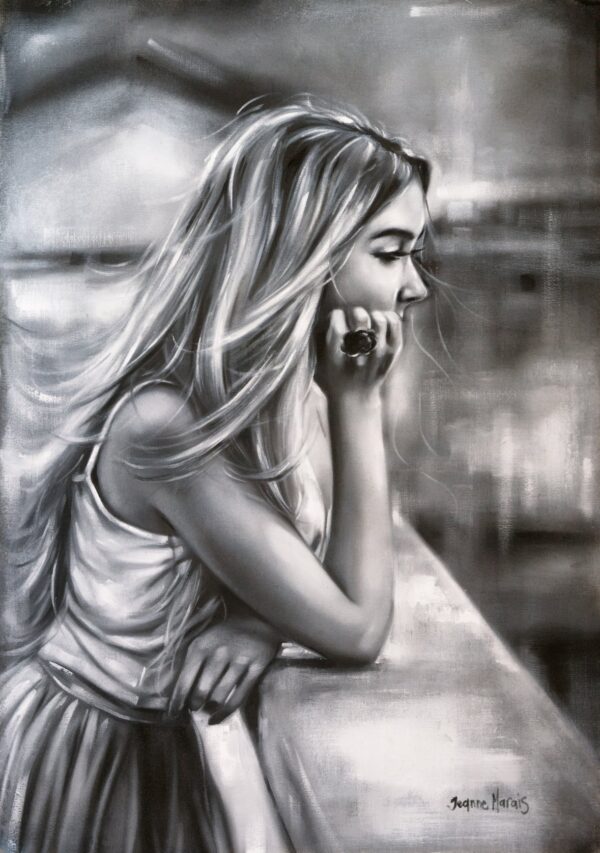 Crush Course - Giclée print of grayscale oil painting of a woman with long hair, leaning on a railing, lost in thought. She wears a ring, exuding a reflective, serene mood