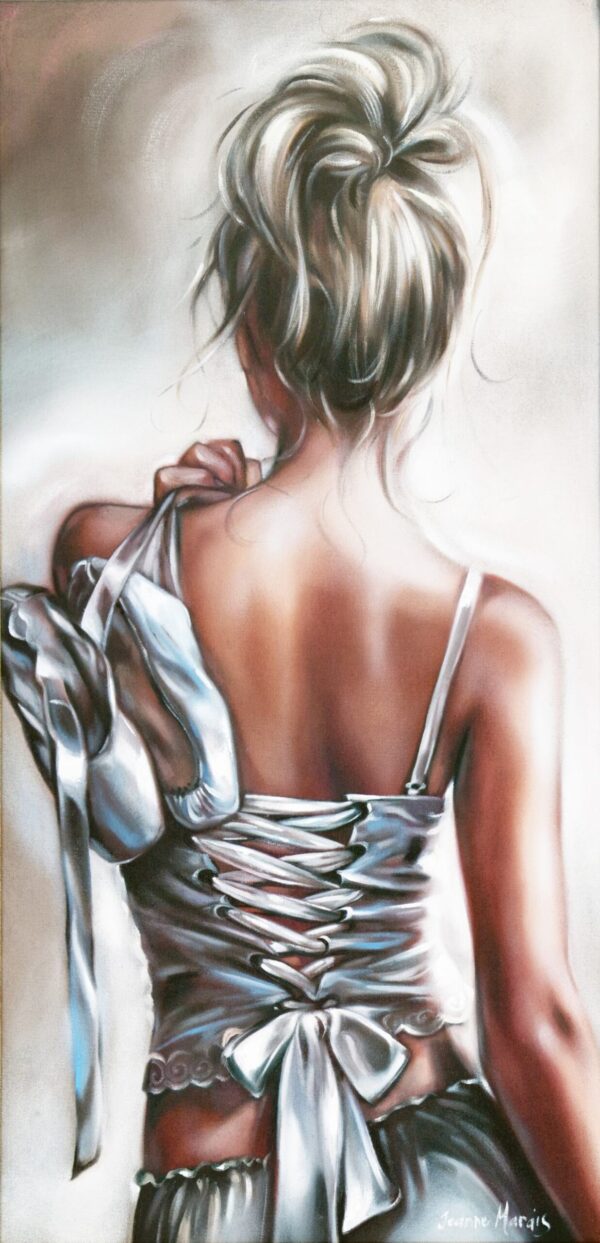 Dancer - Giclée print of oil painting of a ballerina seen from behind, in a satin corset with a bow, holding pointe shoes. Her hair is in a loose bun, conveying elegance and anticipation