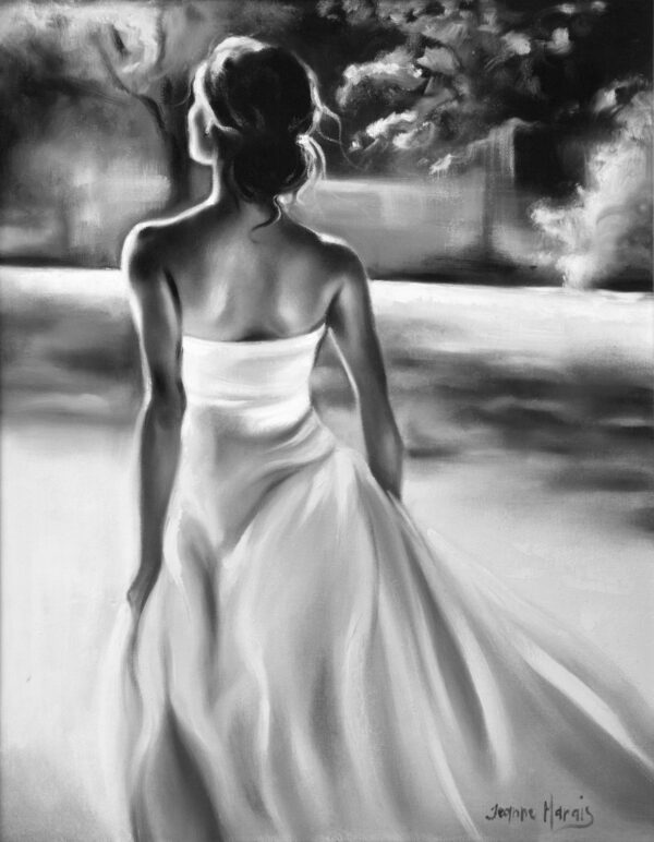 Daring Heart - Giclée print of black and white oil painting of a woman in a strapless gown, viewed from behind, walking outdoors. Her hair is elegantly tied up, evoking a serene and contemplative mood