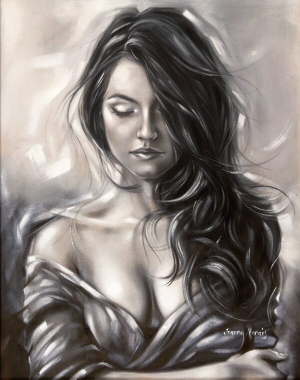 Dauntless charm - Giclée print of grayscale oil painting of a woman with long, flowing hair and eyes closed, wearing an off-the-shoulder top. The tone is serene and contemplative