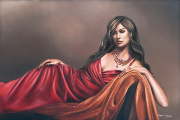 Deciding - Giclée print of oil painting of a woman in a red gown reclining gracefully on a brown backdrop, adorned with layered necklaces. Her expression is serene, and the scene exudes elegance