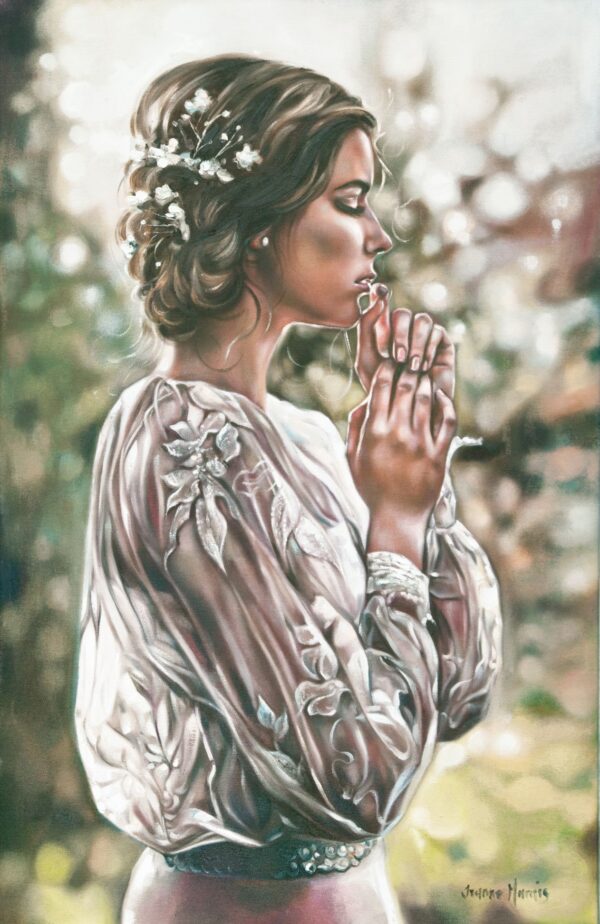 Earnest Love - Giclée print of oil painting of a woman in a floral-embroidered white blouse standing in profile with hands clasped, eyes closed. Her hair is adorned with small flowers. The scene feels serene and contemplative, set against a blurred natural background