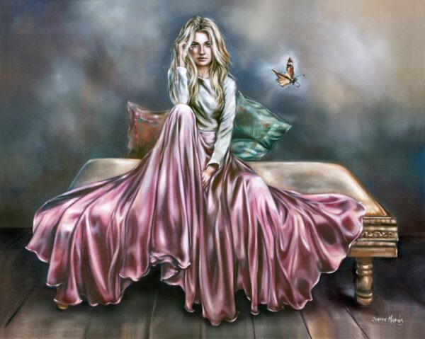 Elaine - Giclée print of oil painting of a woman in a flowing pink dress sitting on a bench with colorful cushions, gazing intently as a butterfly flutters nearby. The atmosphere is serene