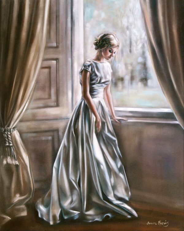 Elemental Charm - Giclée print of oil painting of a woman in a flowing white gown standing by a large window, gazing outside. Soft light floods in, highlighting her contemplative expression and elegant posture