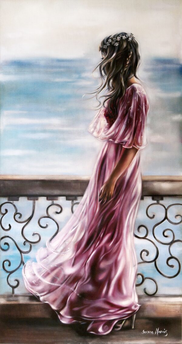 Epilogue - Giclée print of oil painting of a woman in a flowing pink dress standing on a balcony facing the ocean. Her hair and dress gently move with the breeze, conveying a serene and contemplative mood