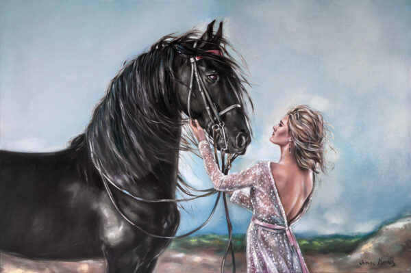 Equine Love - Giclée print of oil painting of a woman in a shimmering light-pink dress gently caressing a black horse's face. The sky is a soft blue, evoking a serene, intimate moment