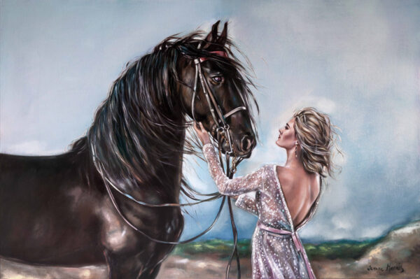 Equine Love Bay colour - Giclée print of oil painting of a woman in a shimmering light-pink dress gently caressing a bay-colored horse's face. The sky is a soft blue, evoking a serene, intimate moment