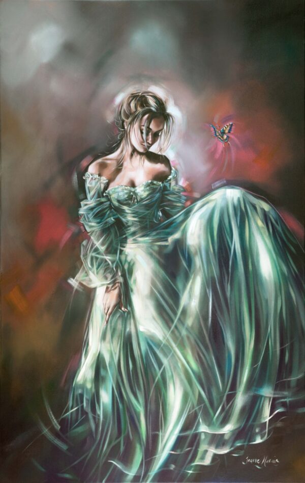 Esmerelda - Giclée print of oil painting of a woman in a flowing, shimmering blue-green gown gazing downward. A vivid butterfly flutters nearby, against a blurred, moody background. Ethereal and sereneEsmerelda - Giclée print of oil painting of a woman in a flowing, shimmering blue-green gown gazing downward. A vivid butterfly flutters nearby, against a blurred, moody background. Ethereal and serene