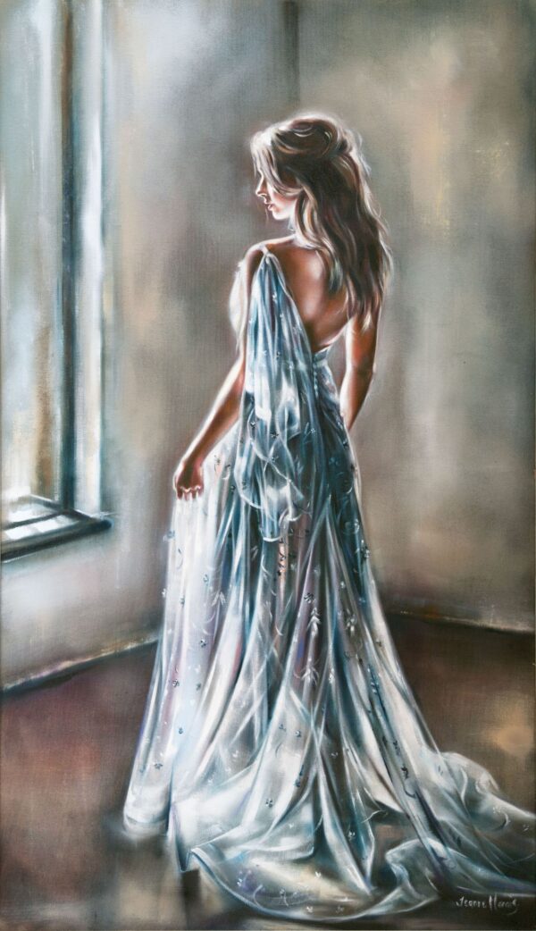 Esther - Giclée print of oil painting of a woman in a flowing light blue gown standing by a window, bathed in soft light. Her back is turned, creating a serene and contemplative atmosphere
