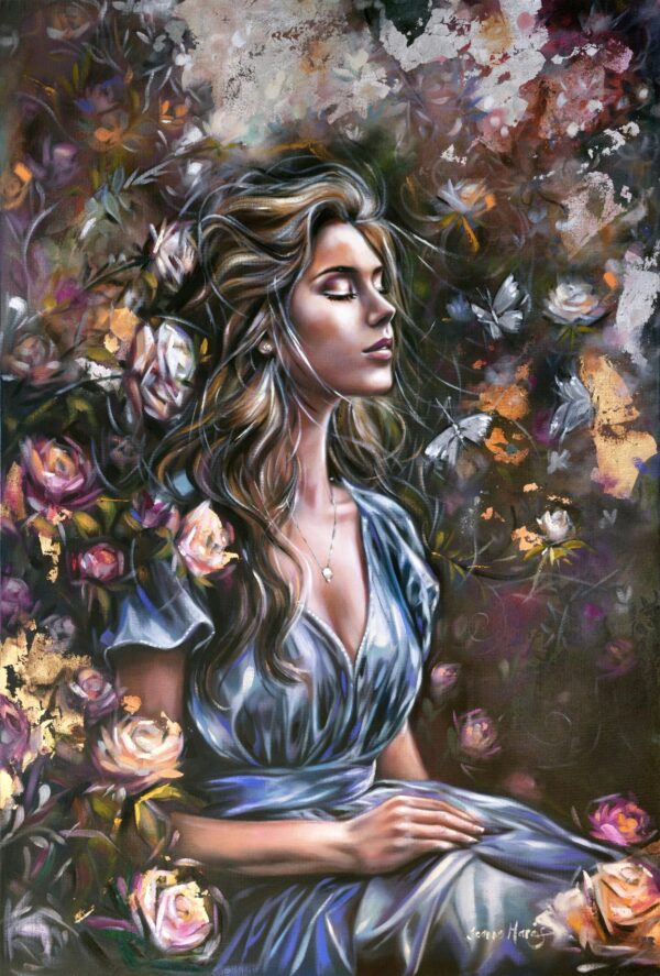 Ethereal Beauty - Giclée print of oil painting of a serene woman in a flowing blue dress, surrounded by vibrant roses and butterflies, eyes closed and appearing peaceful amidst a dreamlike, colorful background