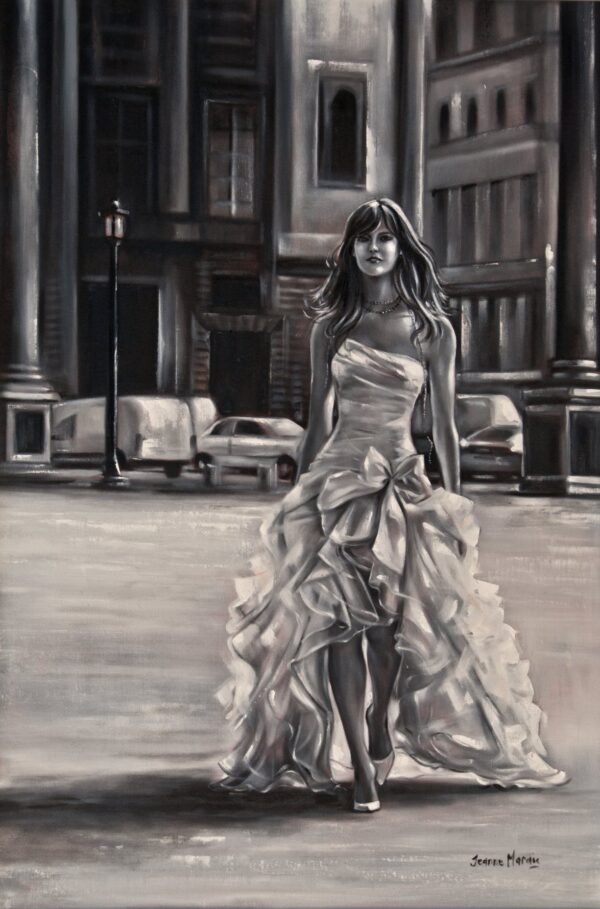 Evening Glamour - Giclée print of black and white oil painting of a woman in a flowing white dress walking confidently down a street at night in a cityscape, evoking elegance and mystery