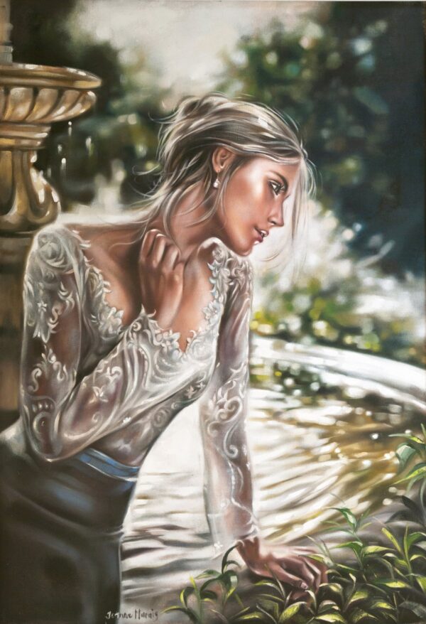 Faith - Giclée print of oil painting of a woman in a lace top leaning pensively over a water fountain, surrounded by lush greenery. Soft lighting adds a serene, contemplative mood