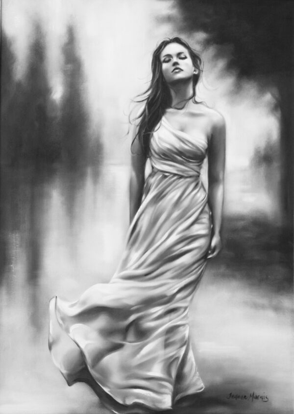Fantasy - Giclée print of black and white oil painting of a woman in a flowing gown standing gracefully, eyes closed, in a serene, misty landscape. Her expression is peaceful, adding to the tranquil mood