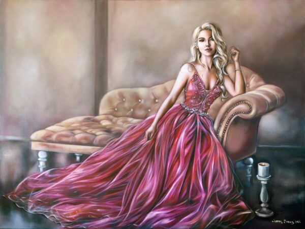 Far Above a Ruby - Giclée print of oil painting of a woman in a flowing pink gown reclining elegantly on a tufted sofa. The setting has a soft, warm tone, evoking a sense of calm and elegance