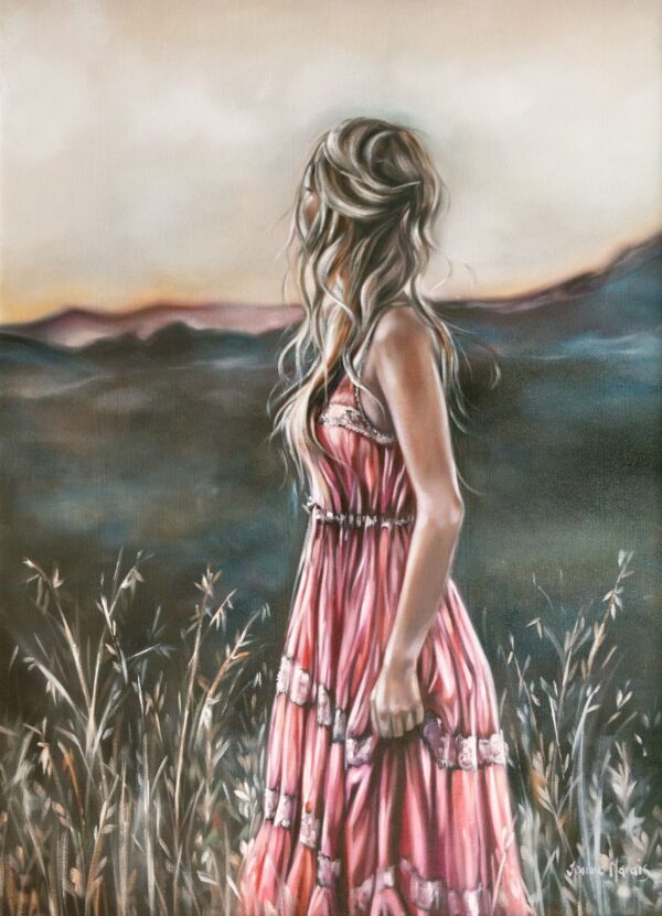 Far Around - Giclée print of oil painting of a woman with long hair in a flowing pink dress standing in a field, gazing at a distant mountain at sunset. The scene conveys serenity and contemplation