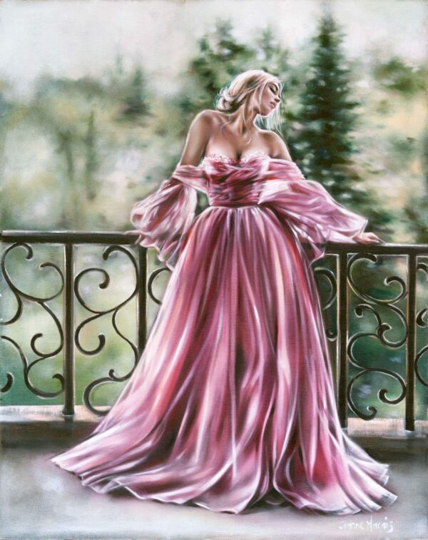 Fascination - Giclée print of oil painting of a woman in a flowing, pink gown standing on a balcony with ornate railing, surrounded by a blurred, green forest, exuding elegance and tranquility