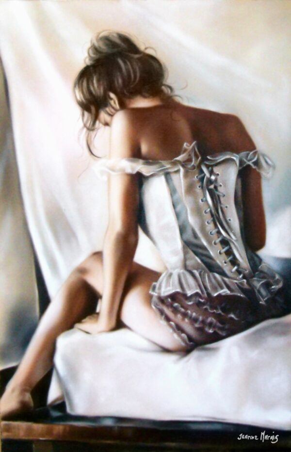 Femina - Giclée print of oil painting of a woman sitting on a white sheet, facing away, wearing a lace-up corset with a ruffled skirt. Her head is bowed, evoking a sense of introspection and calm