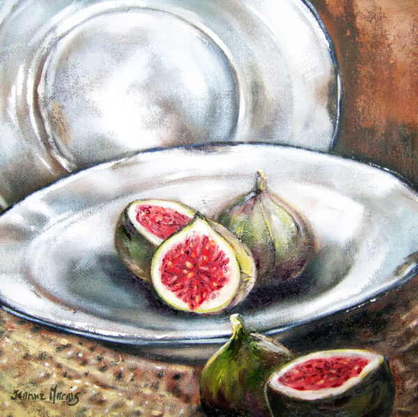 Figs in Platter - Giclée print of a painting of a still life featuring figs sliced open to reveal their vibrant red interiors, arranged on a reflective silver dish. The background displays overlapping, blurred silver plates, creating a serene, refined mood