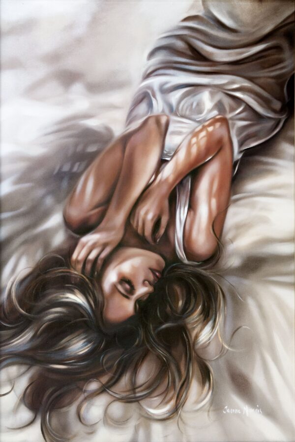 Fine Line - Giclée print of oil painting of a woman lying on a silky white sheet with soft, flowing hair cascading around her. Her eyes are closed, creating a peaceful and intimate mood