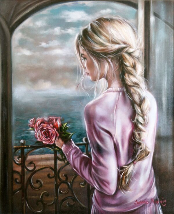 Firm Alliance - Giclée print of oil painting of a woman with long braided hair standing by a balcony, holding pink roses. She gazes at the ocean under a cloudy sky, evoking a serene, contemplative mood