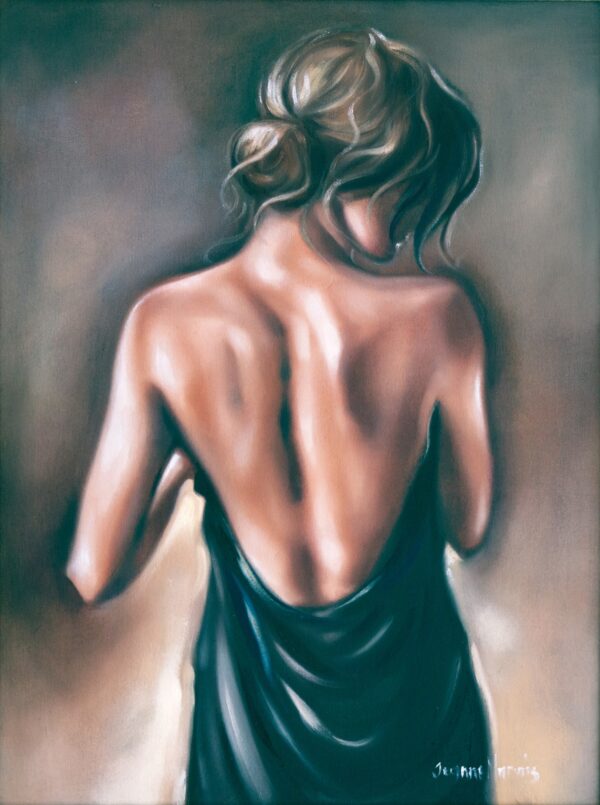 First Choice - Giclée print of oil painting of a woman from behind, with bare back and tousled hair. She drapes a dark fabric around her lower body. Soft lighting creates a warm, contemplative mood