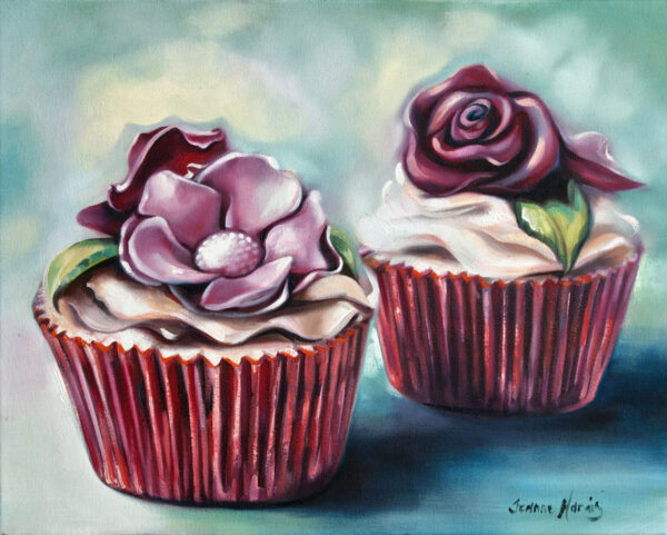 Flower Cupcakes - Giclée print of a painting of two cupcakes with red wrappers, topped with realistic purple rose and peony decorations. Soft focus background adds a dreamy feel