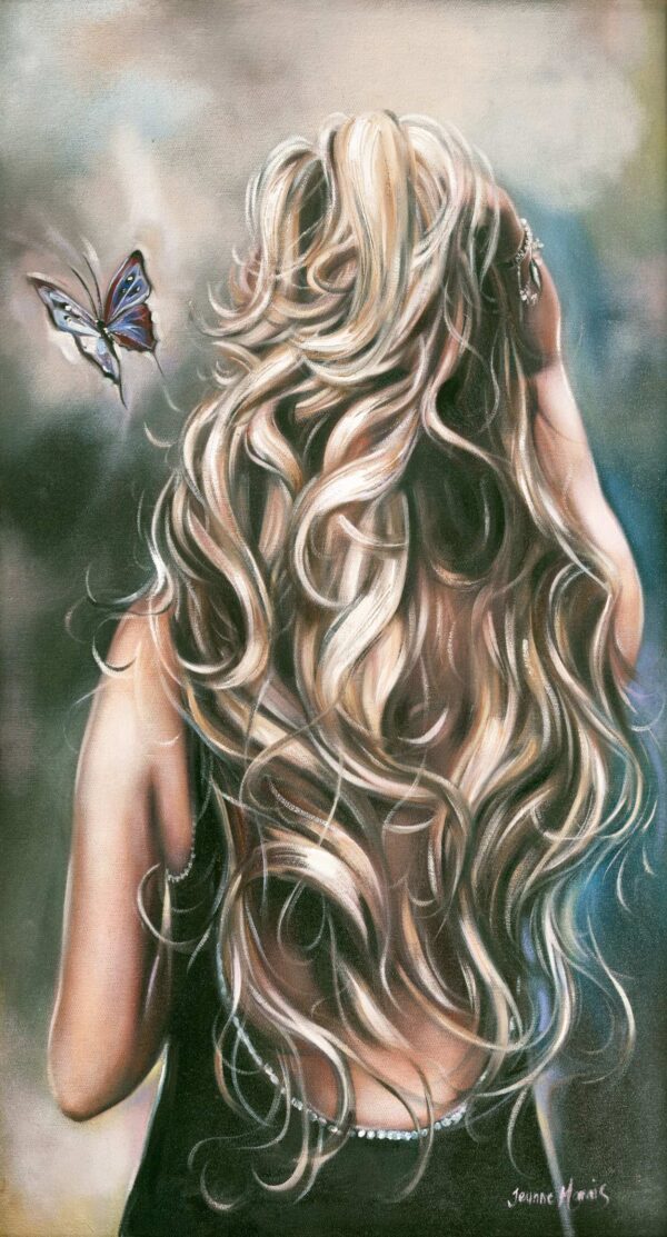 Fluttering Mind - Giclée print of oil painting of a woman with long, wavy blonde hair looking away amid soft, dreamy colors. A delicate butterfly floats nearby, creating a serene, whimsical mood