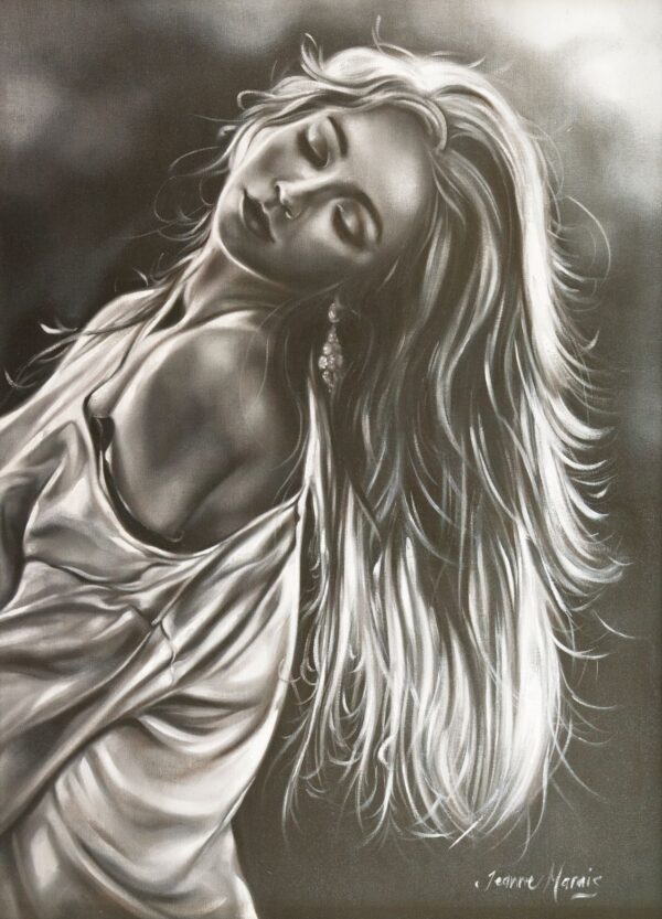 For Sure - Giclée print of grayscale oil painting of a woman with long flowing hair and closed eyes, conveying a serene expression. She wears an off-shoulder outfit, adding elegance
