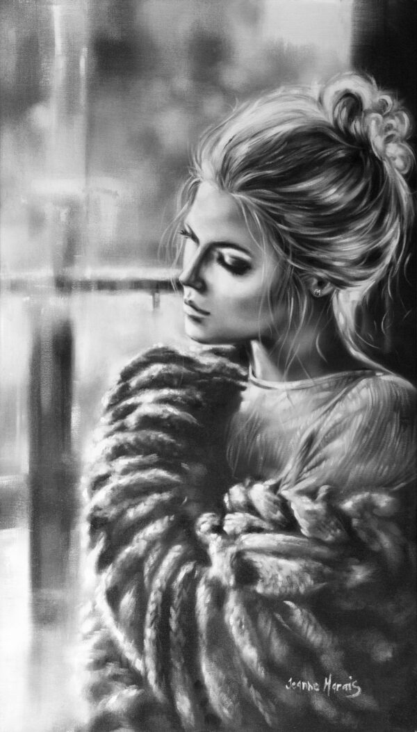 Forethoughts - Giclée print of grayscale oil painting of a woman with tied-up hair gazing out a window. She's wrapped in a textured fur coat, conveying a serene and contemplative mood