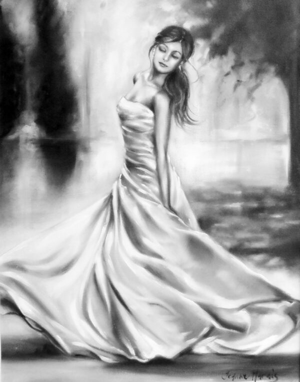 Forever - Giclée print of grayscale oil painting of a woman in a flowing gown, gracefully posing with closed eyes, surrounded by blurred, abstract background elements, conveying serenity