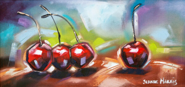 Four Cherries - Giclée print of impressionistic painting of four cherries with vivid red hues and long stems, set against a colorful, blurred background. The tone is vibrant and artistic