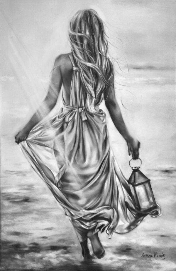 Free Heart - Giclée print of grayscale oil painting of a woman with long hair walking barefoot on a beach, holding a lantern and wearing a flowing dress. The image conveys mystery and serenity