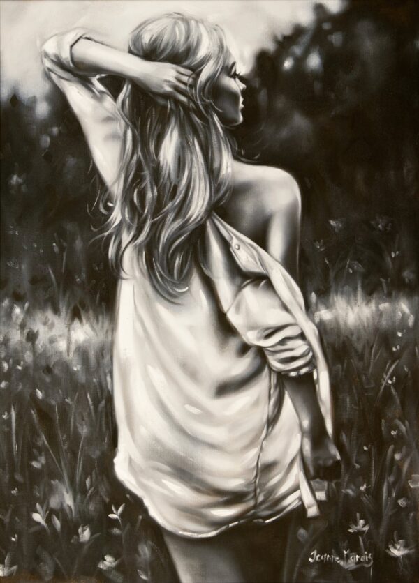 Free to Love - Giclée print of black and white oil painting of a woman in a loose shirt with flowing hair, standing in a field. She gazes sideways, evoking calm and introspection