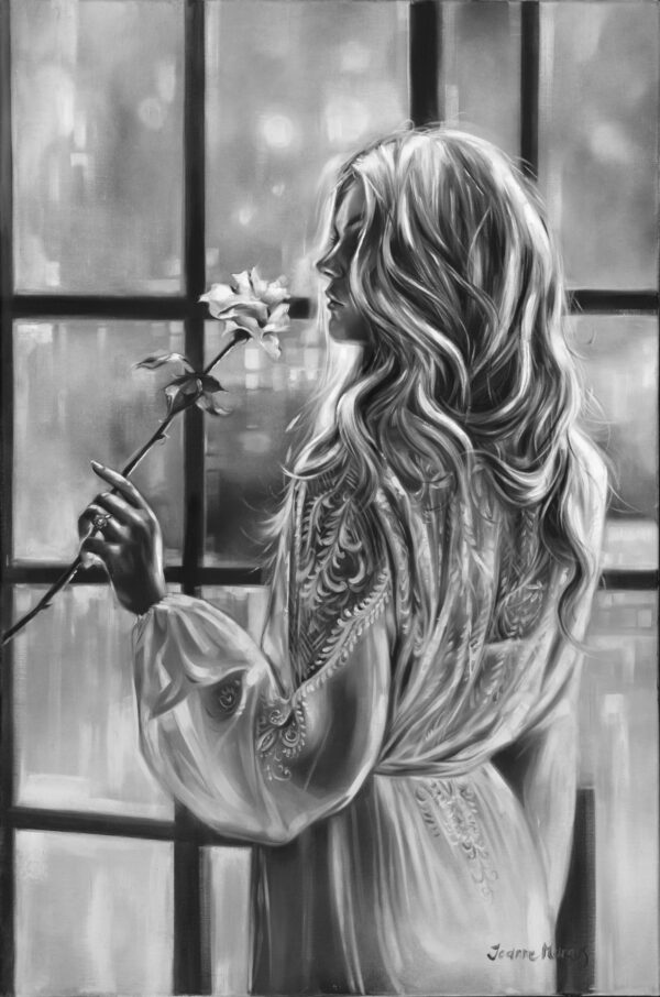 Fresh Start - Giclée print of grayscale oil painting of a woman in a detailed gown holding a white rose, gazing out a window with a serene, contemplative expression