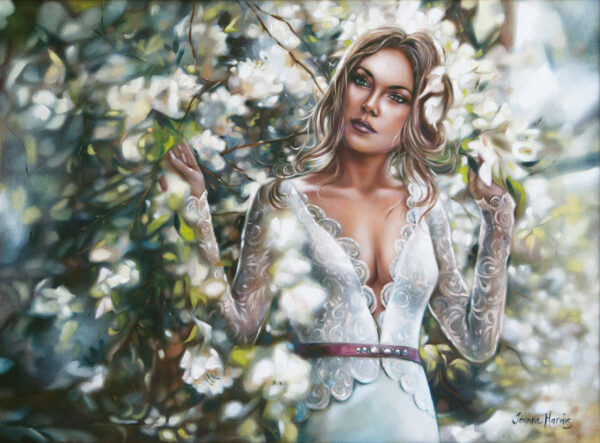Full Bloom - Giclée print of oil painting of a woman in a lace dress standing amidst blooming flowers and dappled sunlight. She gazes softly, her long hair cascading, creating a serene, dreamy atmosphere