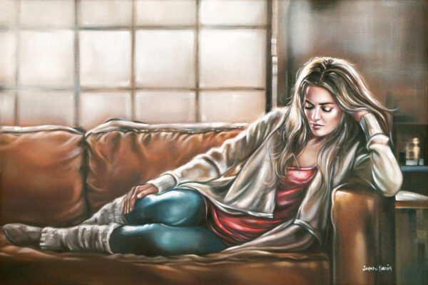 Future Tense - Giclée print of oil painting of a woman reclining on a brown sofa, wearing a beige cardigan, red dress, teal leggings, and white leg warmers. She appears relaxed and contemplative