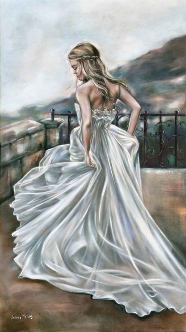 Glam Hour - Giclée print of oil painting of a woman in a flowing white gown standing gracefully on a balcony, gazing into the distance. The backdrop includes soft, blurred mountains under a cloudy sky