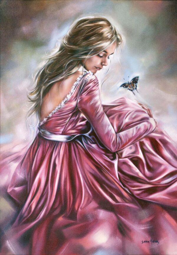 Gloria - Giclée print of oil painting of a woman in a flowing pink dress sitting gracefully, gazing at a butterfly on her hand. The scene conveys serenity and elegance with soft, dreamy colors