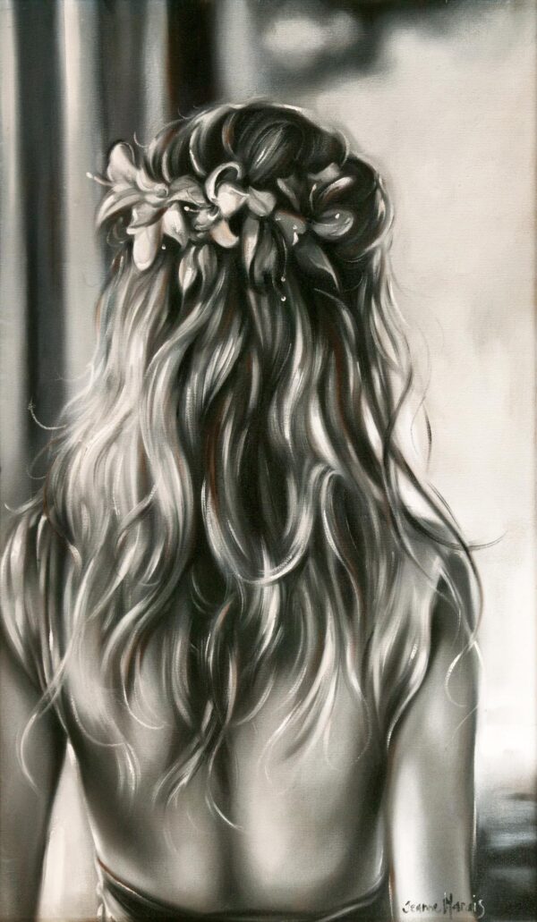 Happily forsaken - Giclée print of monochromatic oil painting of a woman from behind with wavy hair adorned with flowers. The soft, flowing lines create a serene and gentle atmosphere