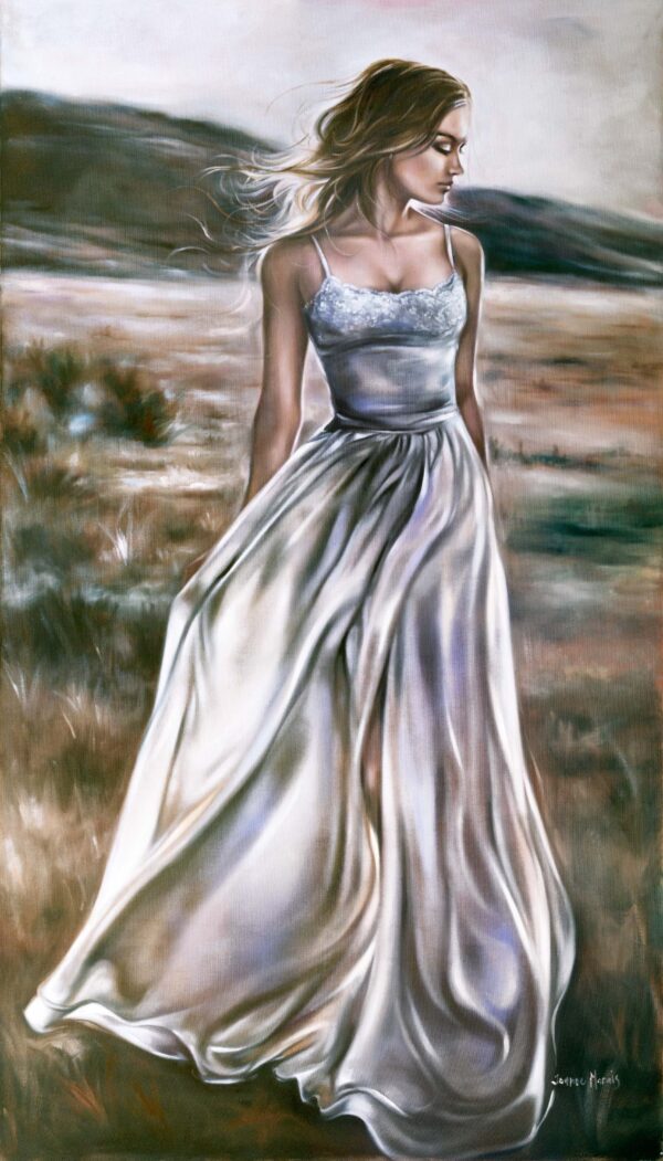 Honest Pledge - Giclée print of oil painting of a woman in a flowing white dress standing in a serene open landscape with gentle hills. The scene conveys a sense of tranquility and freedom