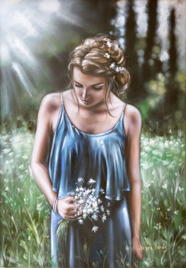 If Only - Giclée print of oil painting of a serene woman standing in a meadow, gazing at a bouquet of white flowers. Sunlight filters through trees, casting a gentle glow on her blue dress