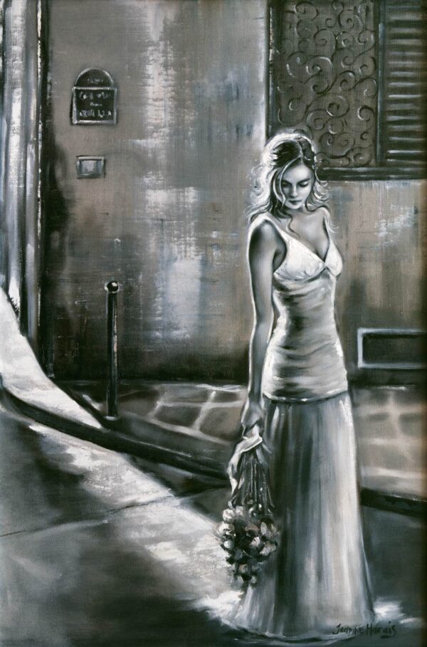 In Demand - Giclée print of monochrome oil painting of a woman in a flowing gown holding flowers, walking alone on a dimly lit urban street, evoking a mood of solitude