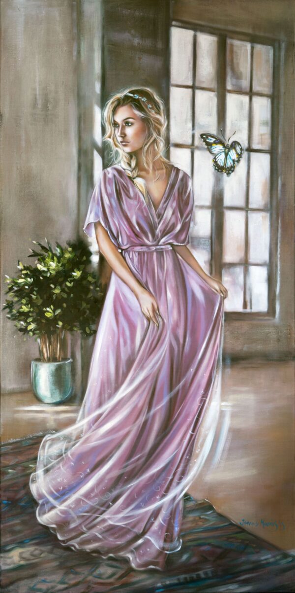 In the Moment - Giclée print of oil painting of a woman in a flowing pink dress standing by a large window, gazing outside. A butterfly hovers nearby. Soft lighting and a potted plant evoke a serene mood