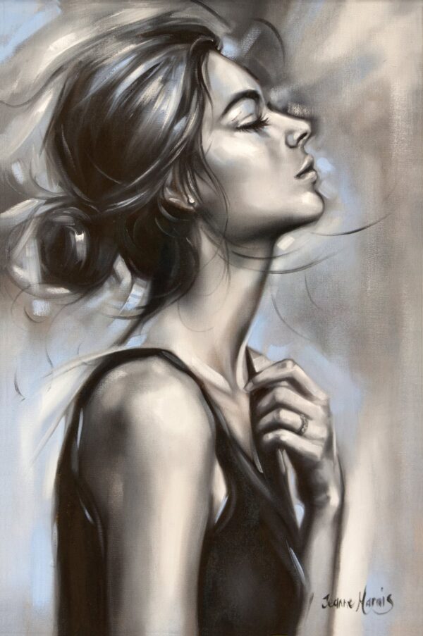 Interlude - Giclée print of oil painting of a woman in profile, wearing a black top, with eyes closed and head tilted slightly back. Her hair is in a loose bun, conveying a serene, contemplative mood