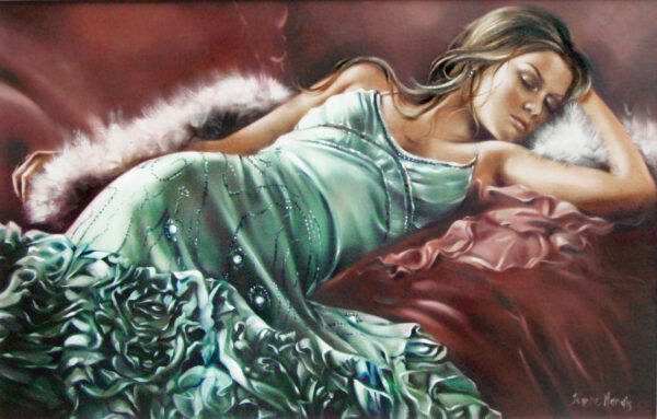 Jade - Giclée print of oil painting of a woman in a flowing green dress lying on a luxurious red and white bed. Her expression is serene, surrounded by soft textures, evoking elegance and relaxation